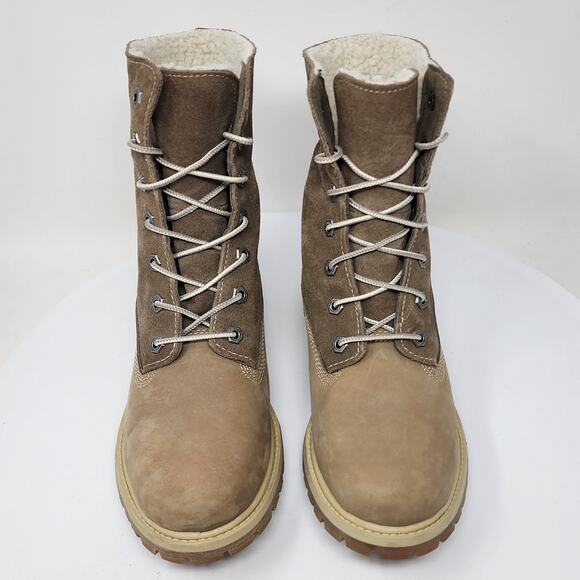 Timberland Teddy Fleece Fold Down Boots Women 7 Taupe Leather Waterproof Lace-up - Picture 5 of 16